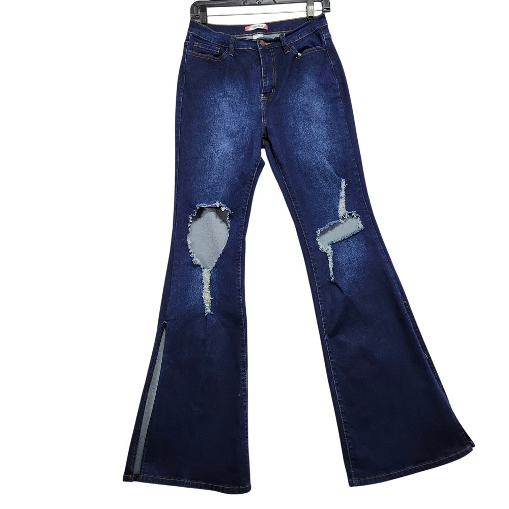 Vibe & Rant Dark Wash Flared Bell Bottom‎ Jeans Ripped Slit Detail Size 11 W30